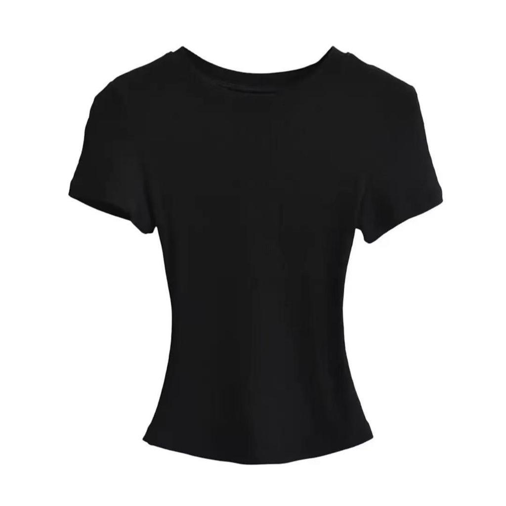 Женский укороченный топ в рубчик облегающего кроя - Летний эластичный с круглым вырезом и коротким рукавом