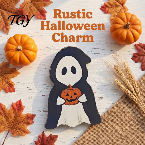 Halloween Wooden Table Decor Tabletop Decorative Plaque, Rustic Distressed Wood Art Sign, Cute Tiered Tray Decorations Ghost Patterns Design,