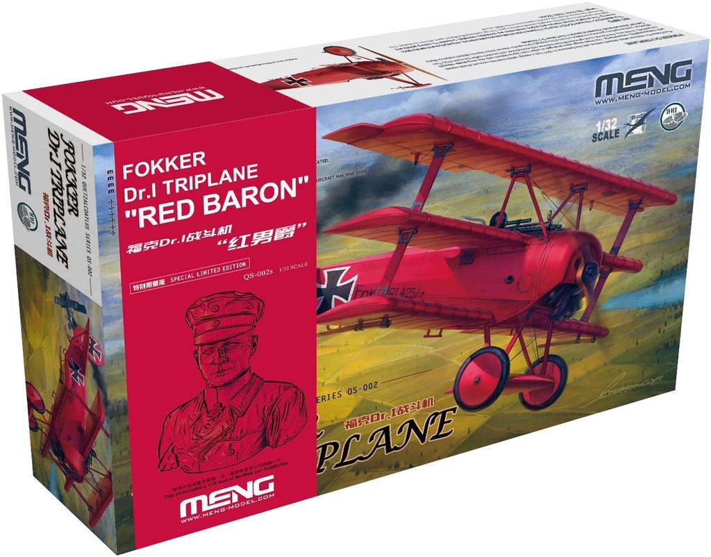 Meng Model 1/32 Немецкий истребитель Люфтваффе Fokker Dr.1 "Красный Барон", Пластиковая модель в наборе с фигурой-бюстом из смолы (Ограниченное производство для первого заказа) MQS-002