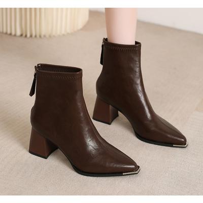 Бренд Pu Черные Ботильоны Осень Французский Ретро Острый Носок Высокий Каблук Челси Ботинки Металлическая Отделка Дизайнерские Короткие Ботильоны