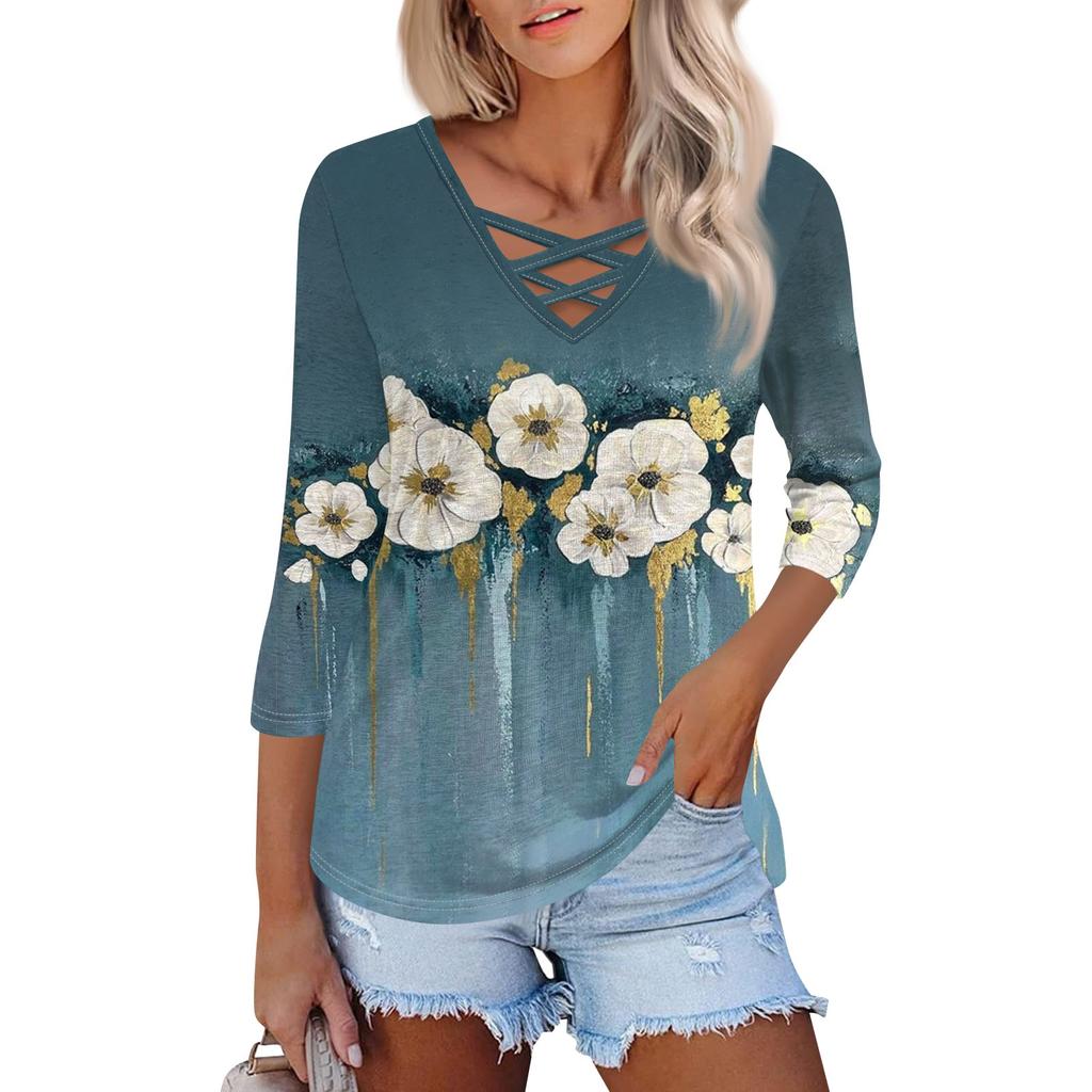 Женская модная свободная футболка с перекрестным V-образным вырезом и семью рукавами, повседневный топ с винтажным цветочным принтом