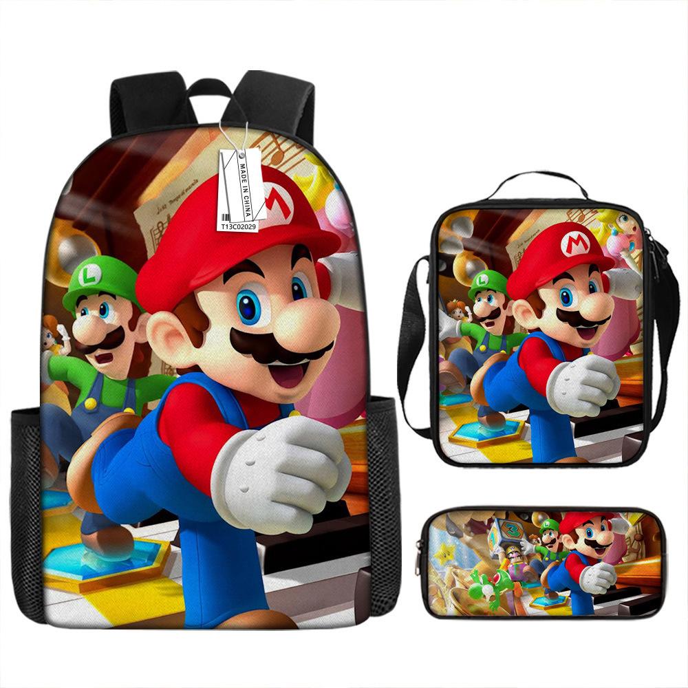 New Super Mario Trend Backpack Retro Mario Schoolbag 3-Piece Set with Pencil Case