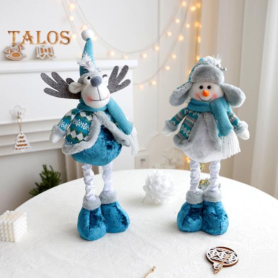 Christmas Doll Ornament Plush Standing Santa Claus Reindeer Snowman Figure with Telescope Leg Blue Gnome Doll Toy for Tree Fireplace Window Table