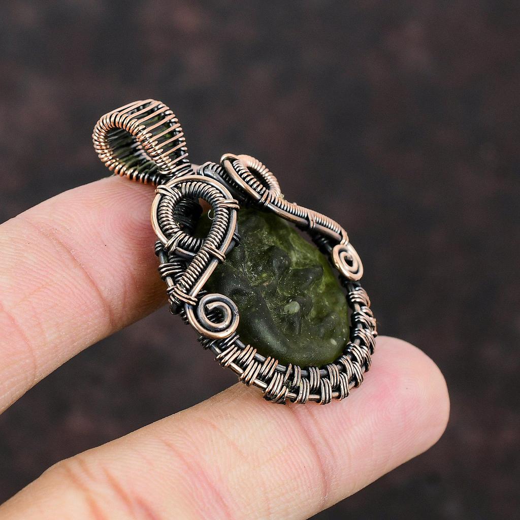 Moldavite Copper Pendant Copper Wire Wrapped Pendant Dainty Gemstone Jewelry Anniversary Gift Handmade Pendant Moldavite Copper Wire Jewelry