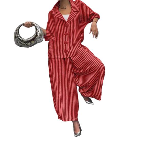 Women's Casual Suit Long-Sleeved Shirt Top Wide-Leg Harem Pant 2-piece Set Autumn Lapel Striped Nine-Point Pant Female Outfit Suit
