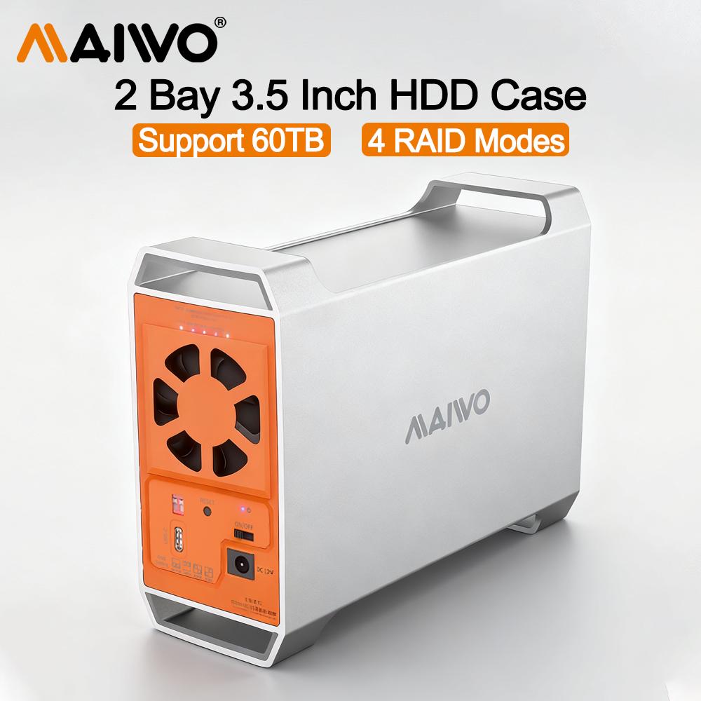 MAIWO Dual Bay 3.5 Inch SATA HDD Enclosure with 60TB Capacity 4 RAID Mode Storage Temperature Control and Heat Dissipation Case