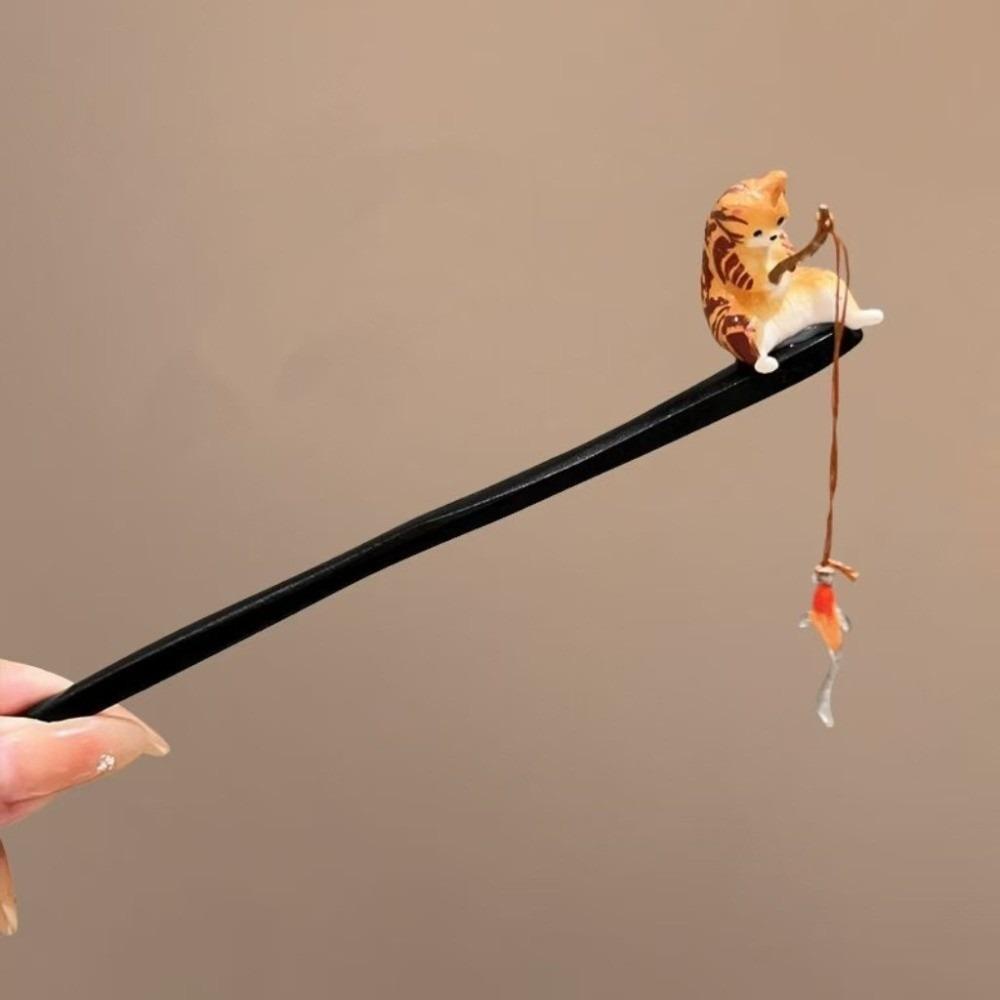 Chinese Style Cat Fishing Hair Stick Black Sandalwood Hanfu Hairpin Antique Wooden Hair Stick  Girl