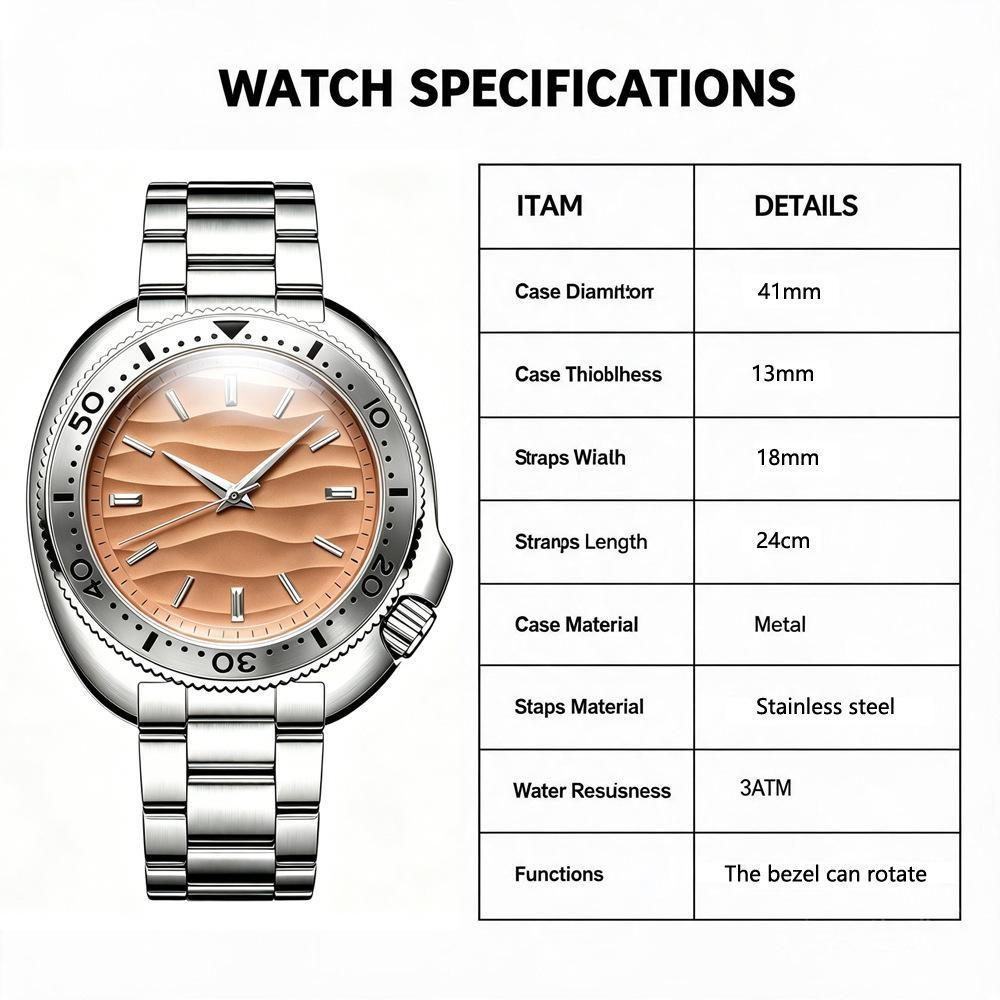 Mens Vintage Watch Steel Quartz Analog Wrist Watch Wateproof Rotating Bezel Wave Orange Dial Dress Watch for Men