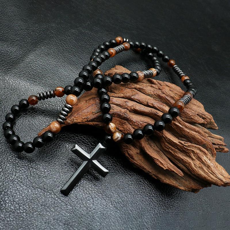 Natural Tiger Eye Volcanic Stone Beaded Rosary Necklace Alloy Cross Pendant Long Sweater Chain Unisex Religious Fashion Jewelry