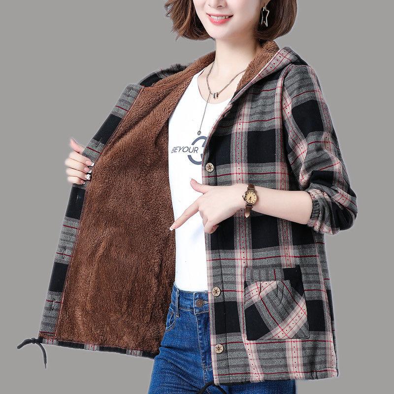 Осенне-зимний женский укороченный кардиган больших размеров с капюшоном, пальто на пуговицах, клетчатая теплая повседневная куртка