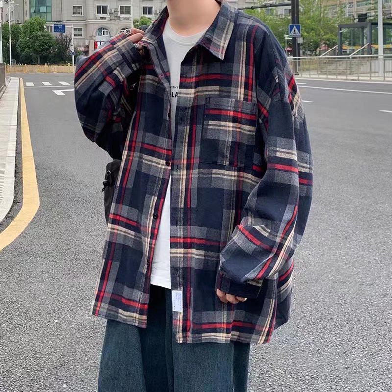 Корейская студенческая трендовая клетчатая рубашка свободного кроя: Унисекс куртка с длинным рукавом в гонконгском стиле