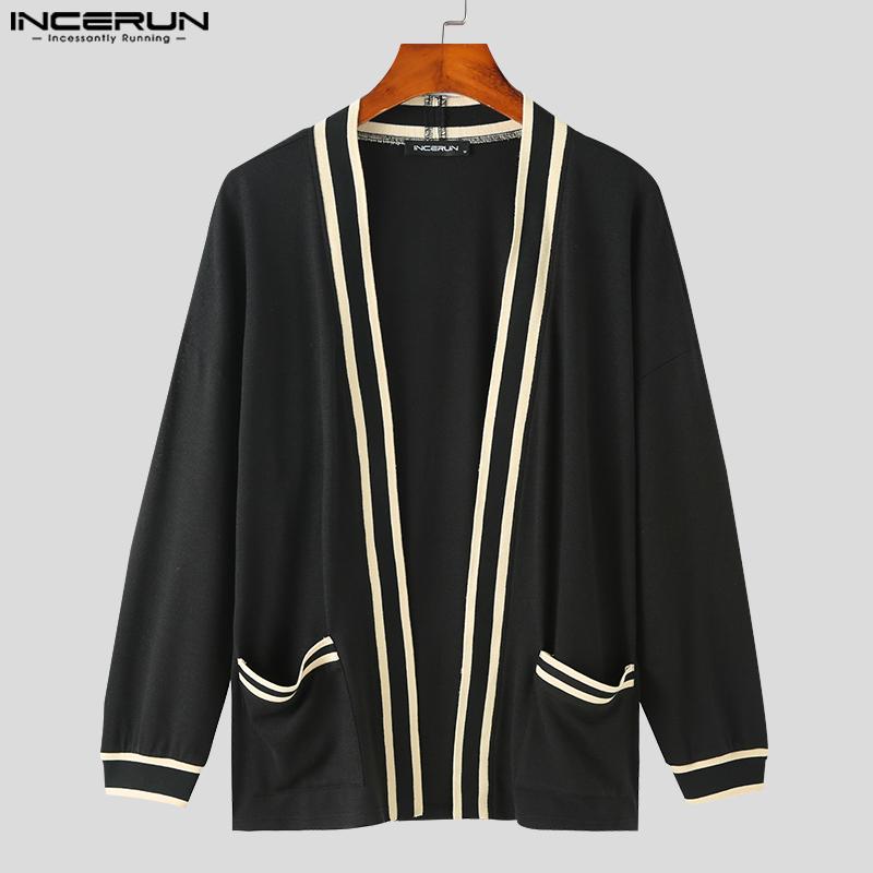 INCERUN Негабаритный мужской вязаный повседневный кардиган в стиле преппи с длинными рукавами