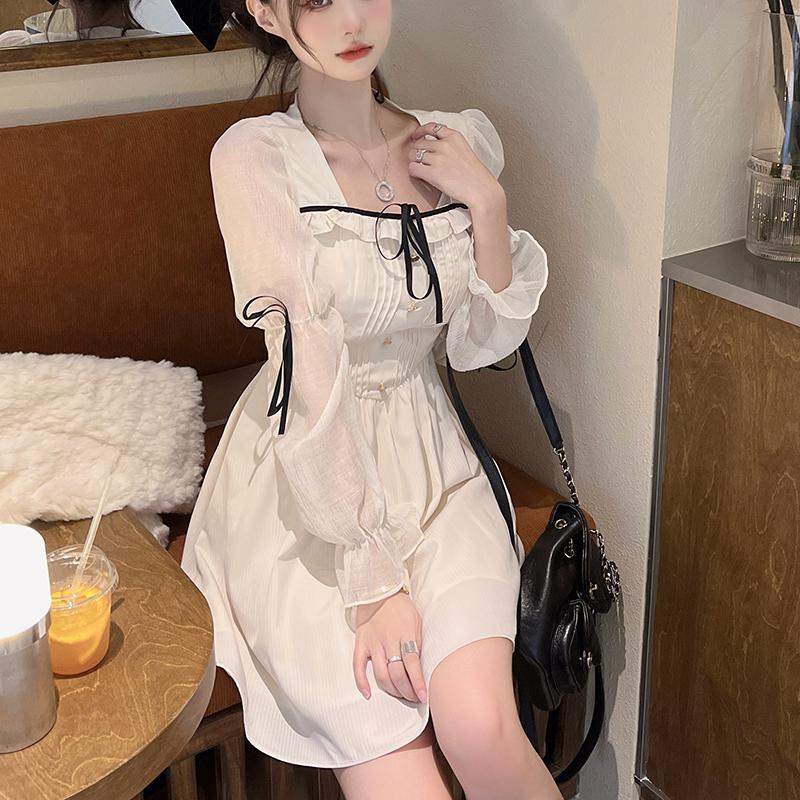 Весеннее милое платье с длинным рукавом, женские корейские белые осенние вечерние платья с квадратным воротником