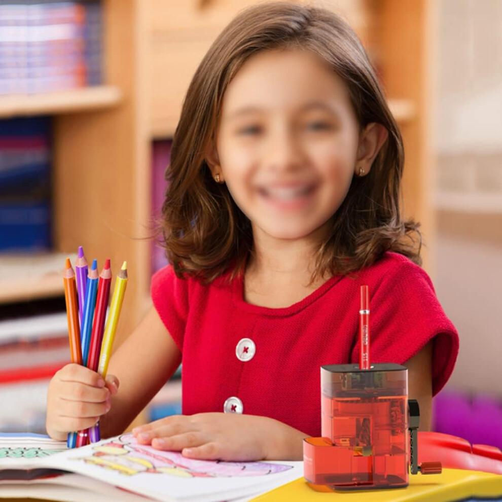 Hand Crank Pencil Sharpener with Red Transparent Body, Large Scrap Box, Automatic Pencil Feed Top for Students
