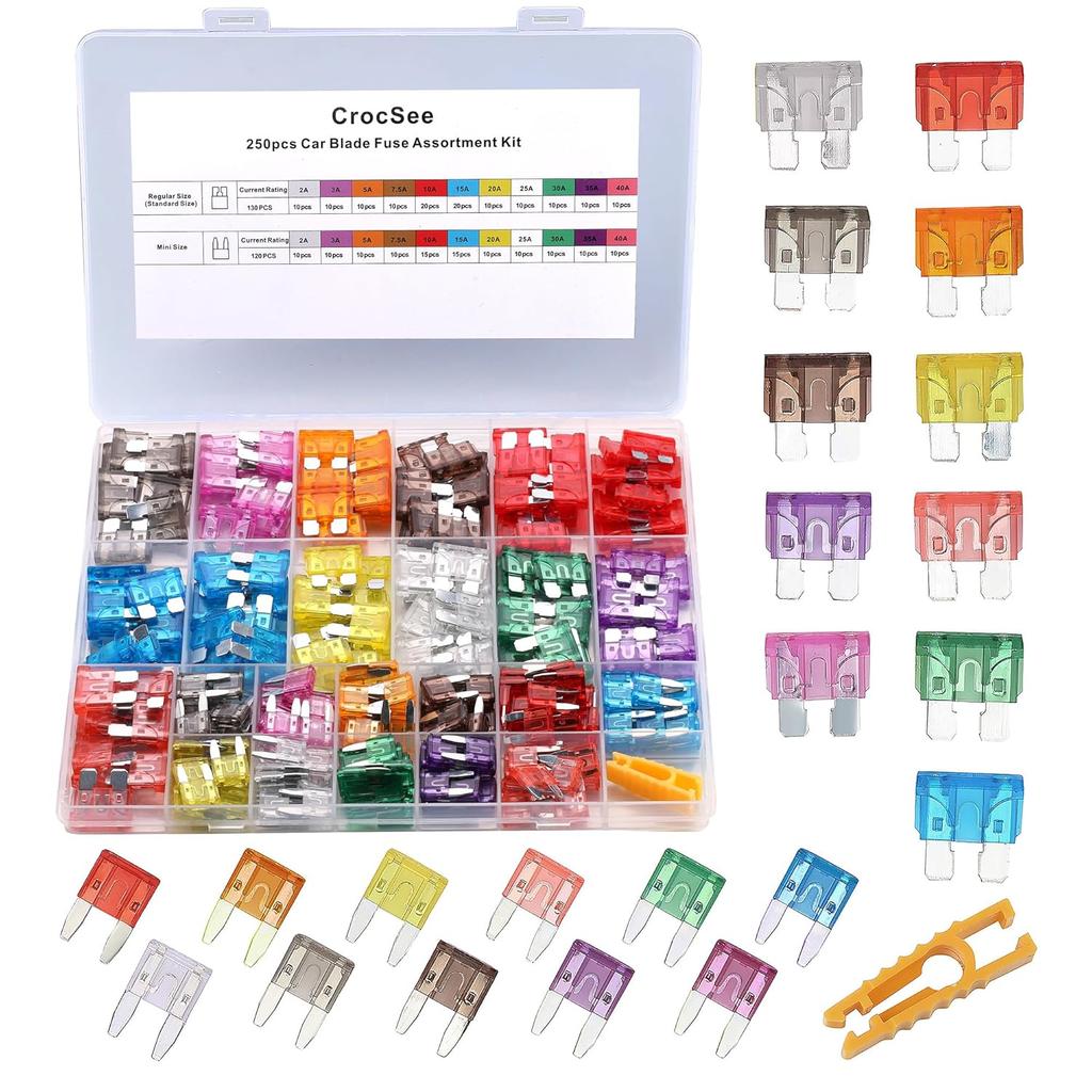 CrocSee 120 Pieces - Car Fuses Assortment Kit, Blade-Type Automotive Fuses - Standard & Mini Size (2A/3A/5A/7.5A/10A/15A/ 20A/25A/30A/35A/40A),