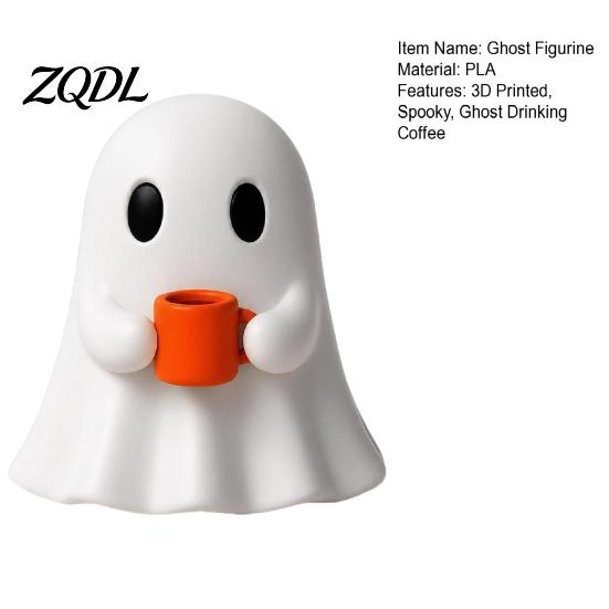 Compact Figurine for Home Ghost Drinking Coffee Figurine, 3D Printed Cute White Holding A Mug Desktop Statue Women Statue, Spooky Halloween Decoration