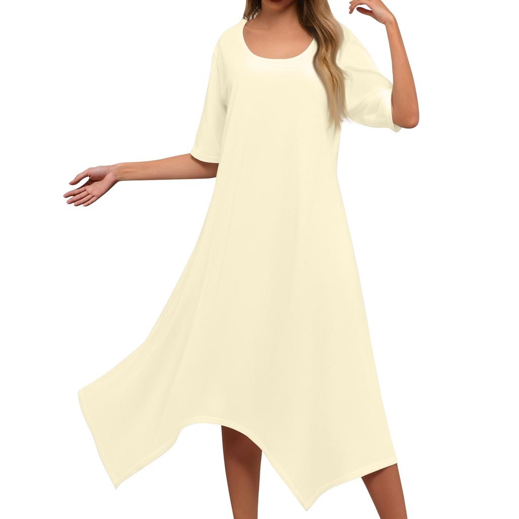 Женское повседневное модное платье миди с круглым вырезом и коротким рукавом, однотонное, с неровным подолом