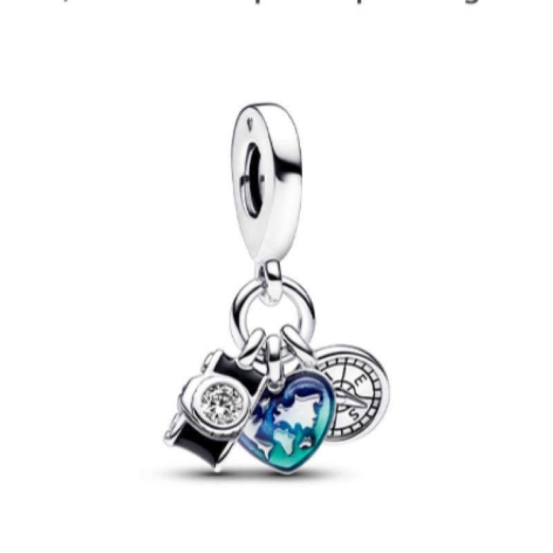 Pandora Camera  Heart   Compass Triple Dangle Charm 792703c01