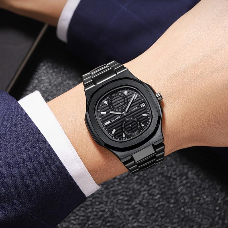 Мужские часы Week Date Quartz Wristwatch Business Men Watch Stainless Steel Waterproof Luminous