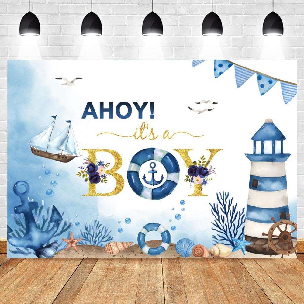 Nautical theme baby party background for photography, sailboat, boat, starfish, wooden board, sailor portrait, Photo background