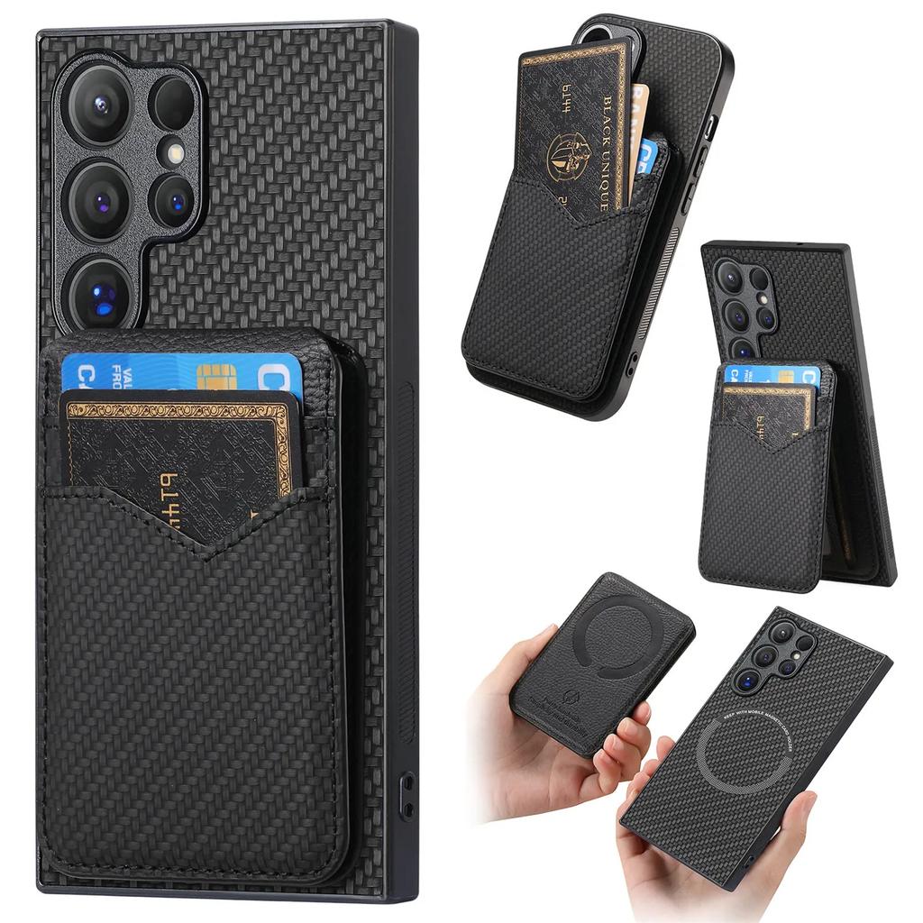 Carbon Fiber Wallet with Card Holder Phone Case for Samsung Galaxy S10 S20 S21 S22 Plus S23 S24 FE Note 20 Ultra Leather Cover