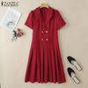 ZANZEA Женское повседневное свободное плиссированное платье с отложным воротником и коротким рукавом