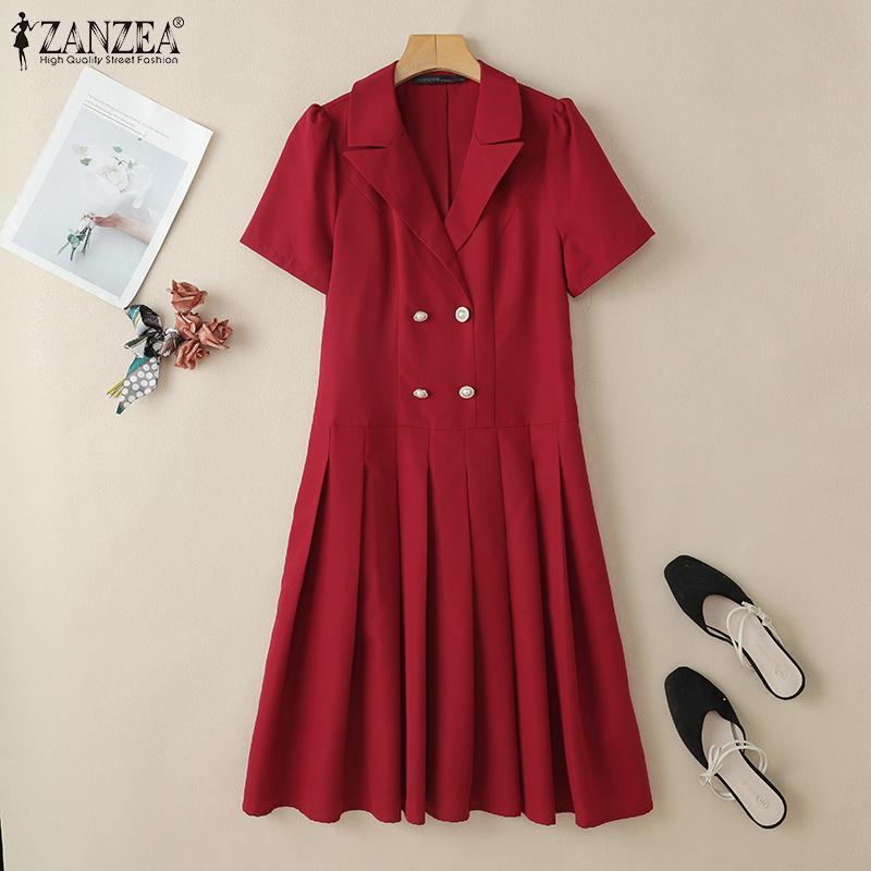 ZANZEA Женское повседневное свободное плиссированное платье с отложным воротником и коротким рукавом