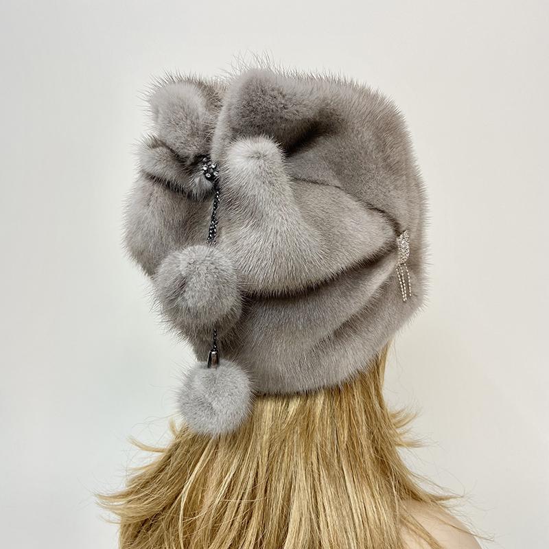 Новые роскошные зимние шапки для женщин с помпоном из натурального меха норки, украшенные бриллиантами, теплая снежная шапка для улицы из натурального меха