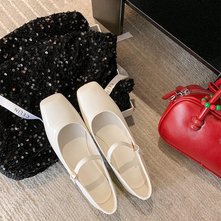 Cowhide Version French 25 New Retro Square Head Light Mouth Shoes One-word Buckle Mary Jane Flat Fairy Style Ballet Shoes