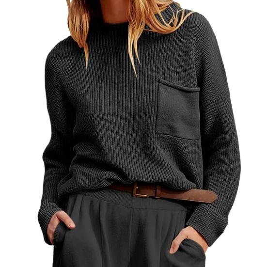 Женский осенне-зимний вязаный свитер с круглым вырезом и длинными рукавами, карманами, толстые теплые однотонные повседневные базовые джемперы, топы, уличная одежда