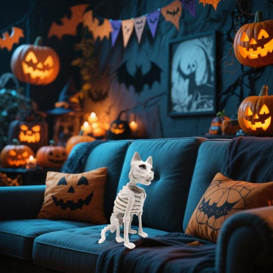 Скелет Кошки Хэллоуин Украшение Жуткая Сидящая Фигурка Скелета Кошки Пластиковые Кости Животного с Подвижными Суставами для Сцены Кладбища Дома с Привидениями