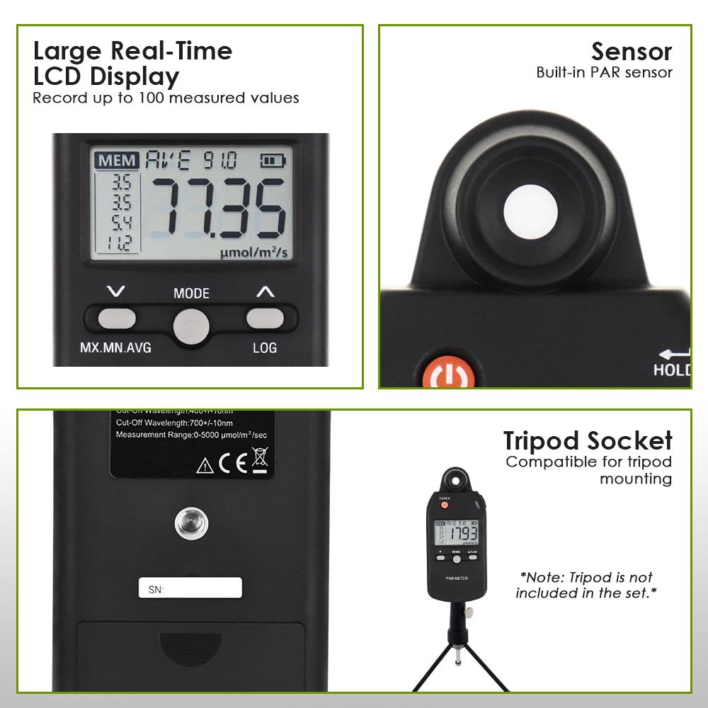 GA Professional PAR Meter PPFD Tester Quantum Sensor Full-Spectrum High Accuracy for Plant Growth 400-700nm Range