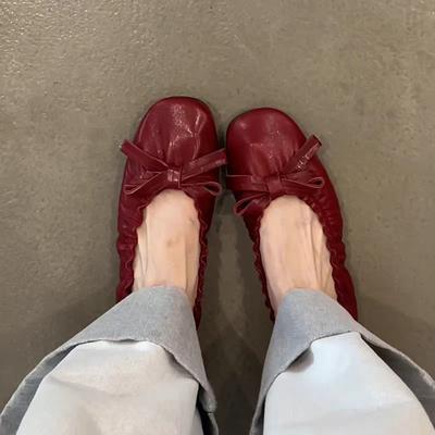 IPPEUM Женские балетки с круглым носком 2025 Новые красные серебристые туфли Мэри Джейн балетки