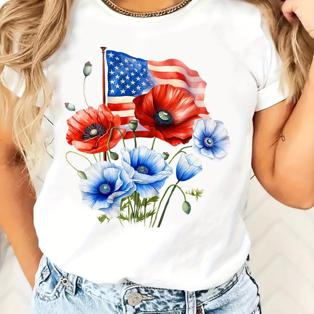Womens TShirt With Red Blue Flowers And American Independence Day Casual Round Neck Short Slee Top Tee Shirt Streetwear