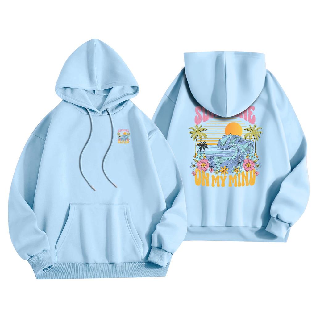 Women's Fashion Lightweight Long Sleeve Pullover With Pockets Flowers Print Hoodie