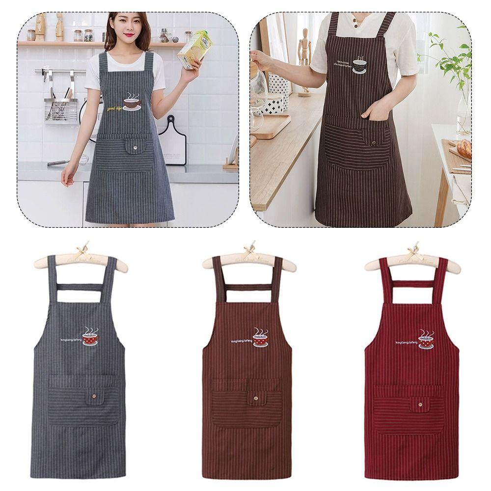 Stripe Design Cotton Apron Sleeveless Cooking Apron Two Front Pockets Women Apron Coffee House