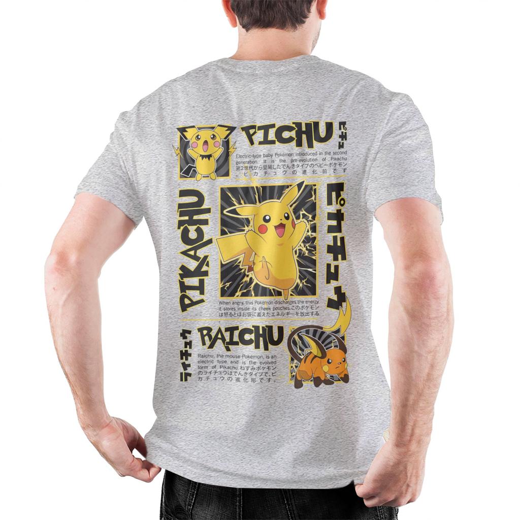 Retro Pokemoned Pichu Pikachu Raichu T Shirt Men's Crewneck Short Sleeve Tops Shirts Cotton Summer Tops