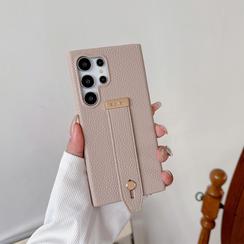 Stylish Wrist Strap Bracket Phone Case for Samsung Galaxy S25 Ultra S24 S23 S22 Plus FE Solid Color High-end PU Leather Cover