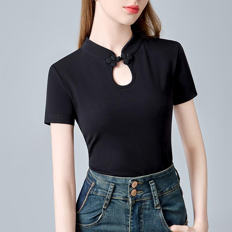 Футболка с короткими рукавами для женщин, новый стиль, новая китайская женская футболка с воротником-стойкой и пуговицами в стиле ретро, дизайн Sense Hollow Top