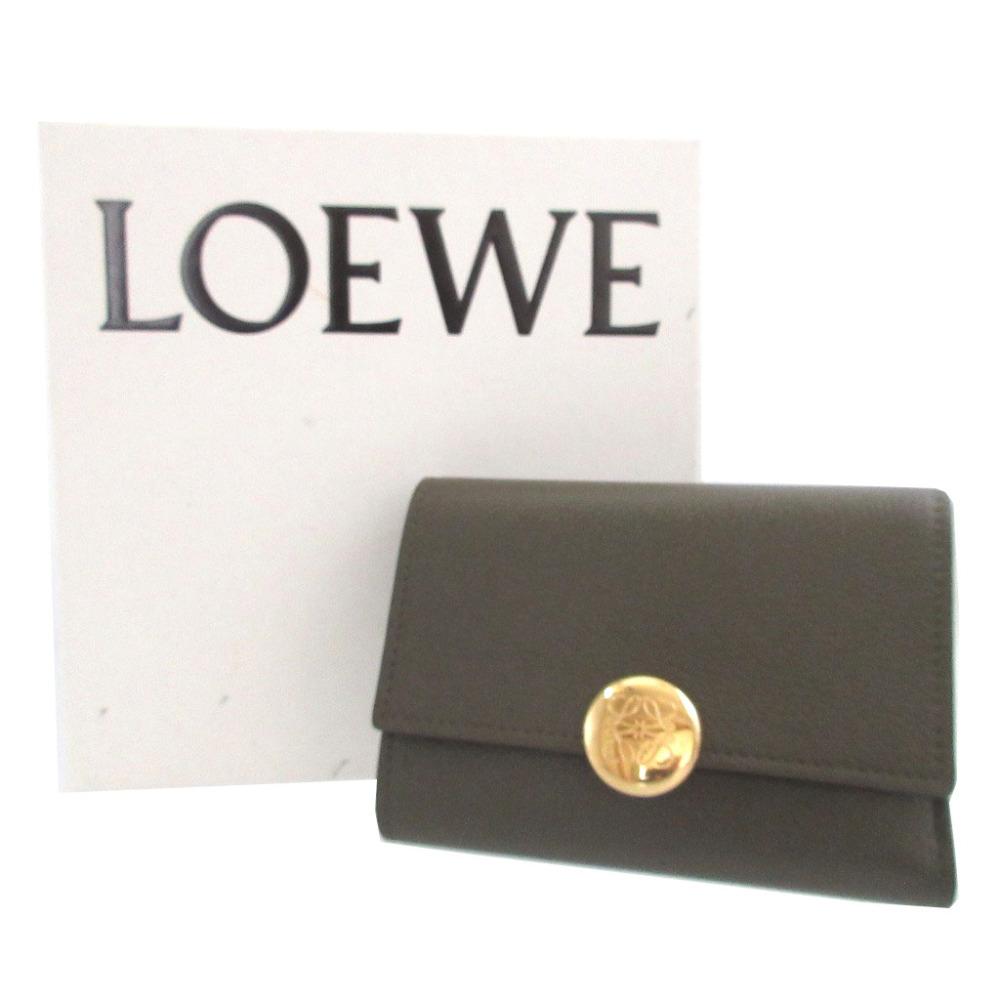 Used AUTHENTIC LOEWE Pebble Small Vertical Wallet Tri-fold wallet khaki Leather