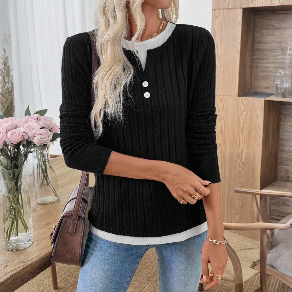 Женская модная однотонная футболка с длинным рукавом, круглым вырезом, имитацией двух частей, повседневный пуловер, топ