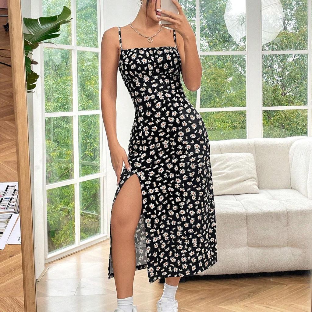 2025 весна лето женское платье с разрезом y2k модное цветочное платье с принтом в стиле бохо облегающее платье без рукавов милое А-силуэта сексуальное синее черное вечернее платье на бретелях