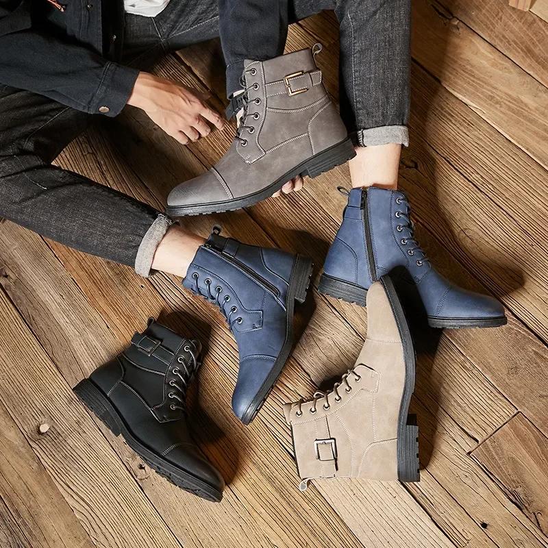 Мужские кожаные ботинки в стиле ретро с противоскользящей подошвой, шнуровкой, высоким верхом, ботильоны, осенне-зимние, для улицы, мужские ботинки Мартин, ботинки с боковой молнией, рабочие ботинки