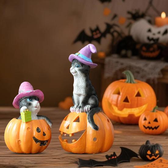 Halloween Cat On Pumpkin Figurine Cute Pumpkin Cat Statue Indoor Resin Sculpture for Shelf Tabletop Bedroom Entryway Decor