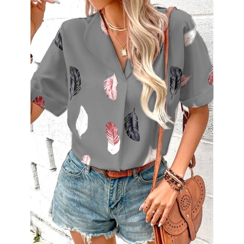 Women's Fashion Casual Summer Spring Feather Print Short Sleeve POLO Neck Blouses & Shirts