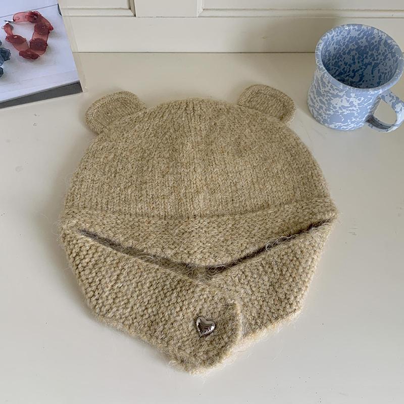 Женская зимняя японская симпатичная вязаная шапка-бомбер с ушками, круглая шапка с медвежьими ушками, защитные шапочки-бини