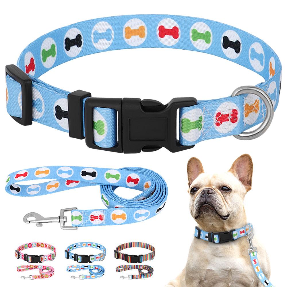 Cute Puppy Dog Collar and Leash Set Adjustable Dogs Cats Printed Collar Walking Lead Leash Chihuahua Collar Necklace Bone Print