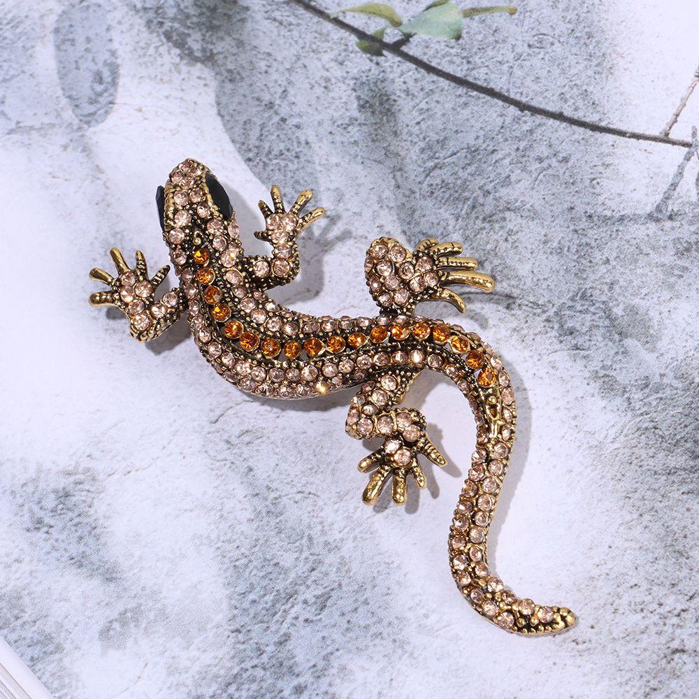 Women Pin Bag Clothes Label Animal Brooch Retro Lizard Gecko Brooch Rhinestone