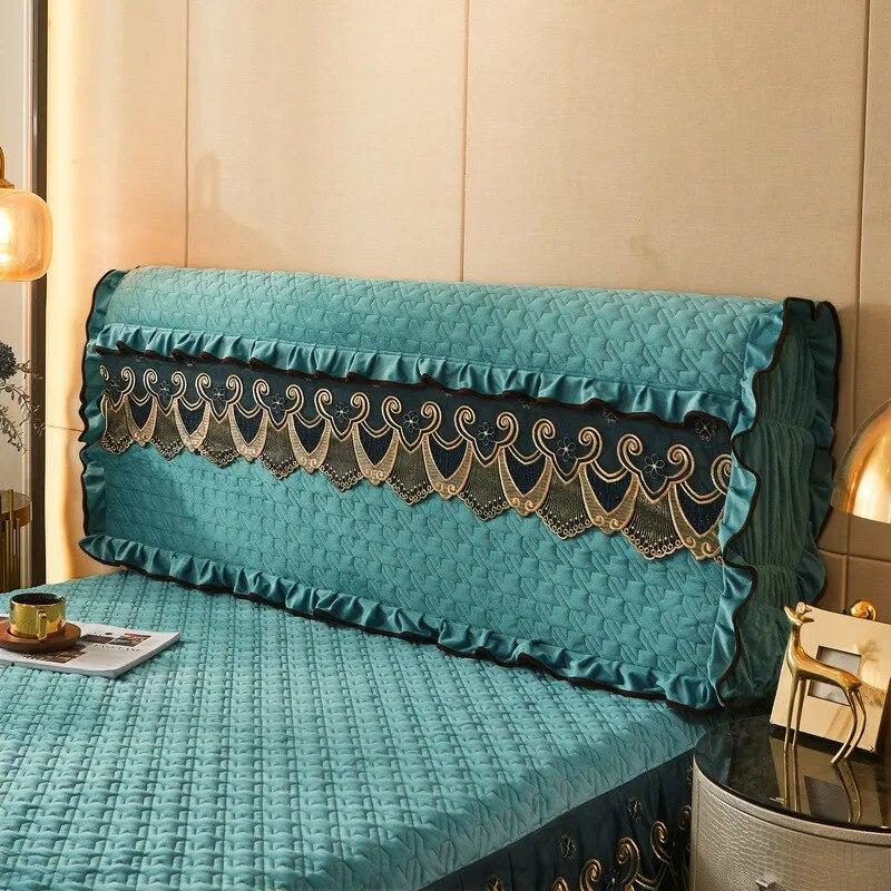 Lace Headboard Cover for Queen Bed Plush Velvet Double Size King Quilted Anti-collision Full Coverage Back Protector with Pocket