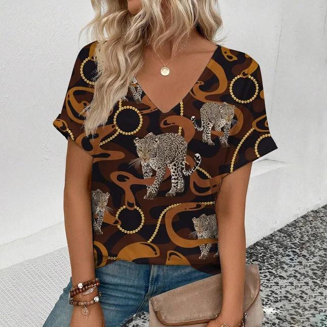 Summer Clothing V-neck Sexy Leopard 3D Print T-shirt Animal Pattern Women's Shirt Short Sleeve Street T-shirt